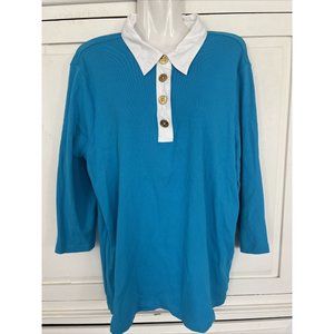 Lauren Ralph Lauren Shirt Womens 2X Turquoise Blue Collard Shirt Gold Button